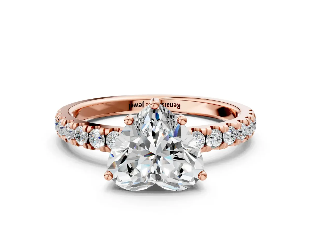 Heart Cut Diamond Pave Band Solitaire Ring with Round Moissanite and Prong Setting Rose gold