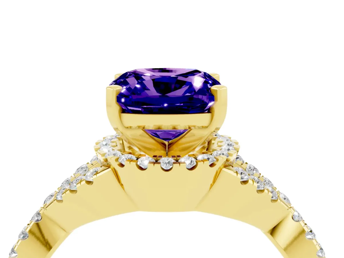 Cushion Cut Tanzanite Halo Twist Band Solitaire Prong Setting Ring Yellow gold