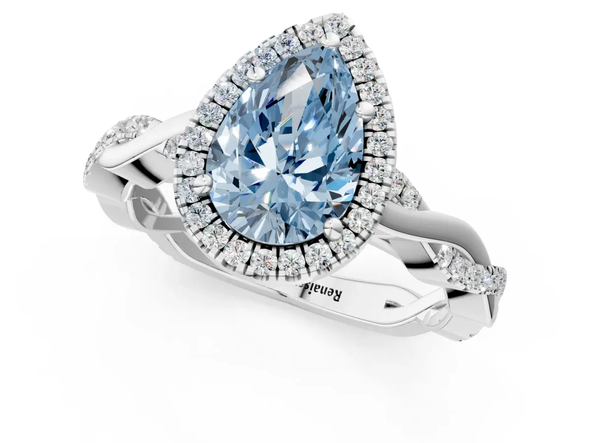 Fancy Blue Pear Cut Cut Halo Twisted Band Four-Prong Ring Platinum
