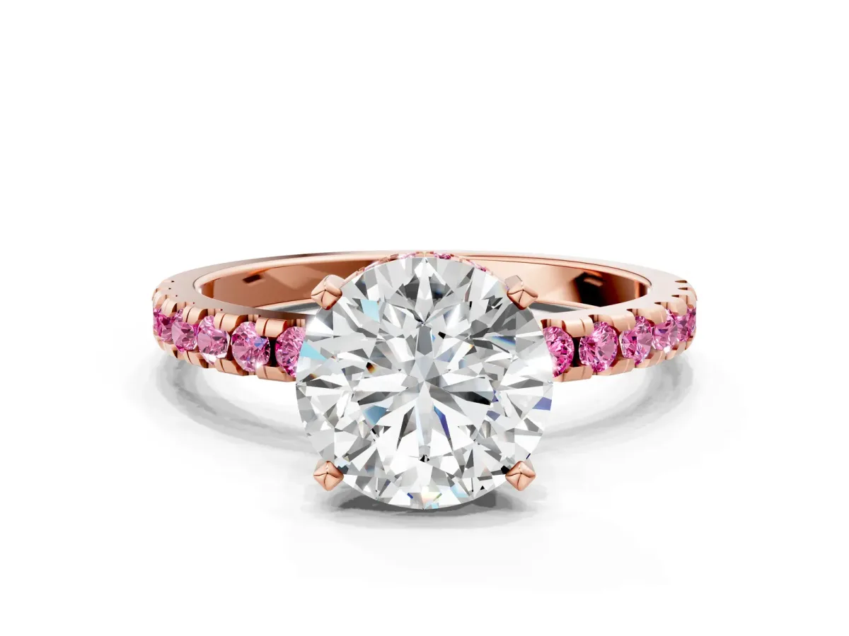Round Cut Diamond Solitaire Ring with Round Pink Sapphire Pavé Band and Four-Prong Setting Rose gold