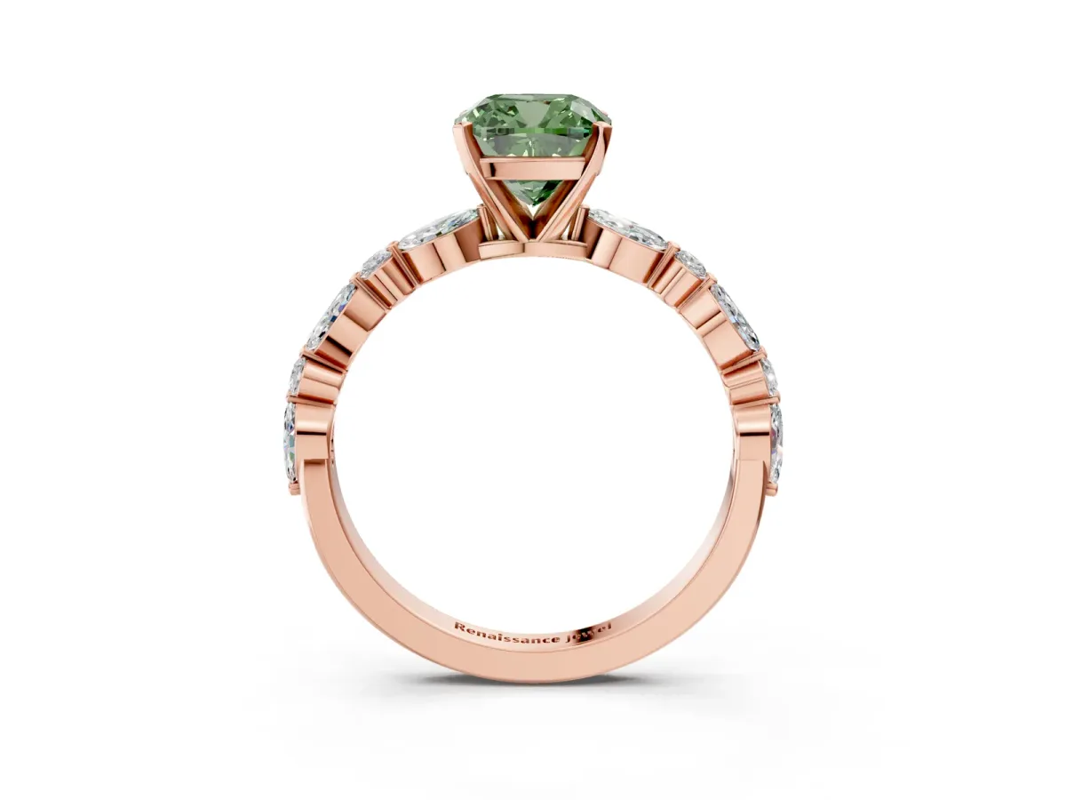 Fancy Green Cushion Cut Diamond Ring with Marquise and Round Side Stones and Four-Prong Setting Rose gold
