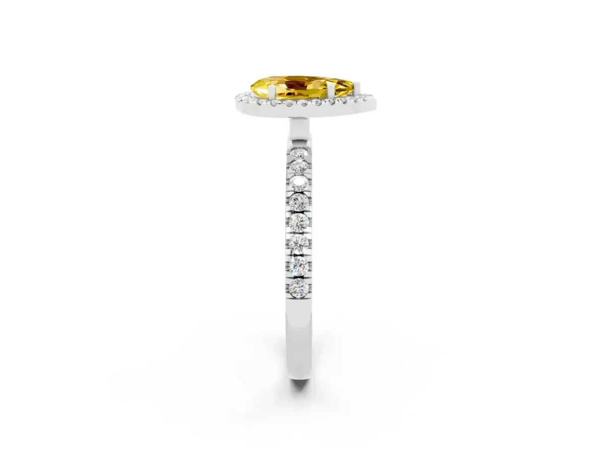 Pear Cut Yellow Sapphire Classic Halo Engagement Ring with Round Pavé Band and Prong Setting Silver