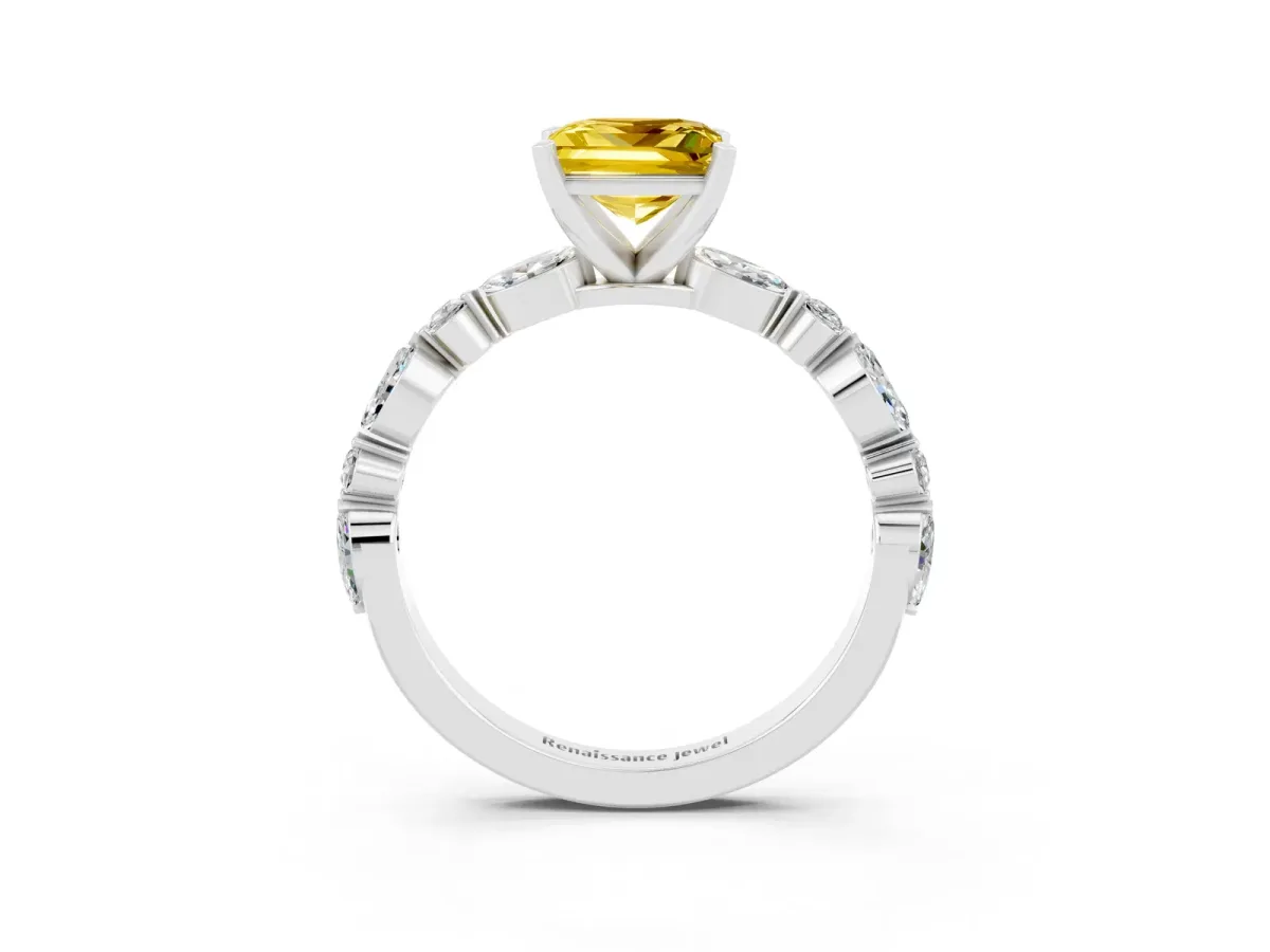 Princess Cut Yellow Sapphire Ring with Marquise and Round Side Stones and Four-Prong Setting Platinum