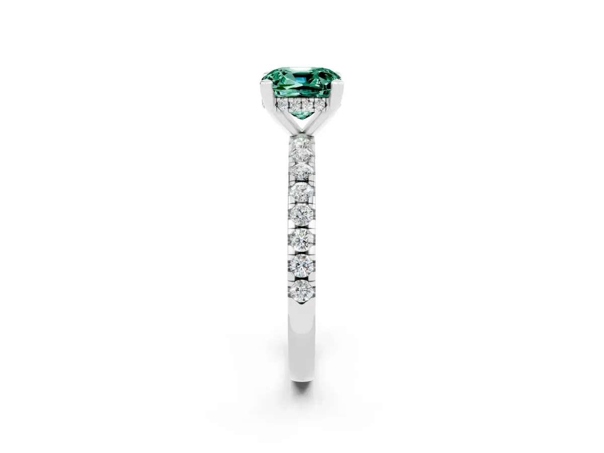 Cushion Cut Green Sapphire Solitaire Ring with Round Pavé Band and Four-Prong Setting White gold