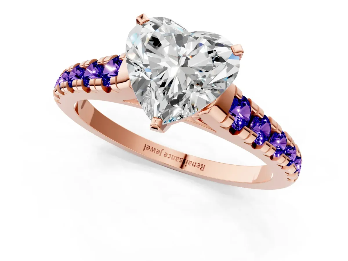 Heart Cut Diamond Cathedral Solitaire Ring with Round Tanzanite Pavé Band Rose gold