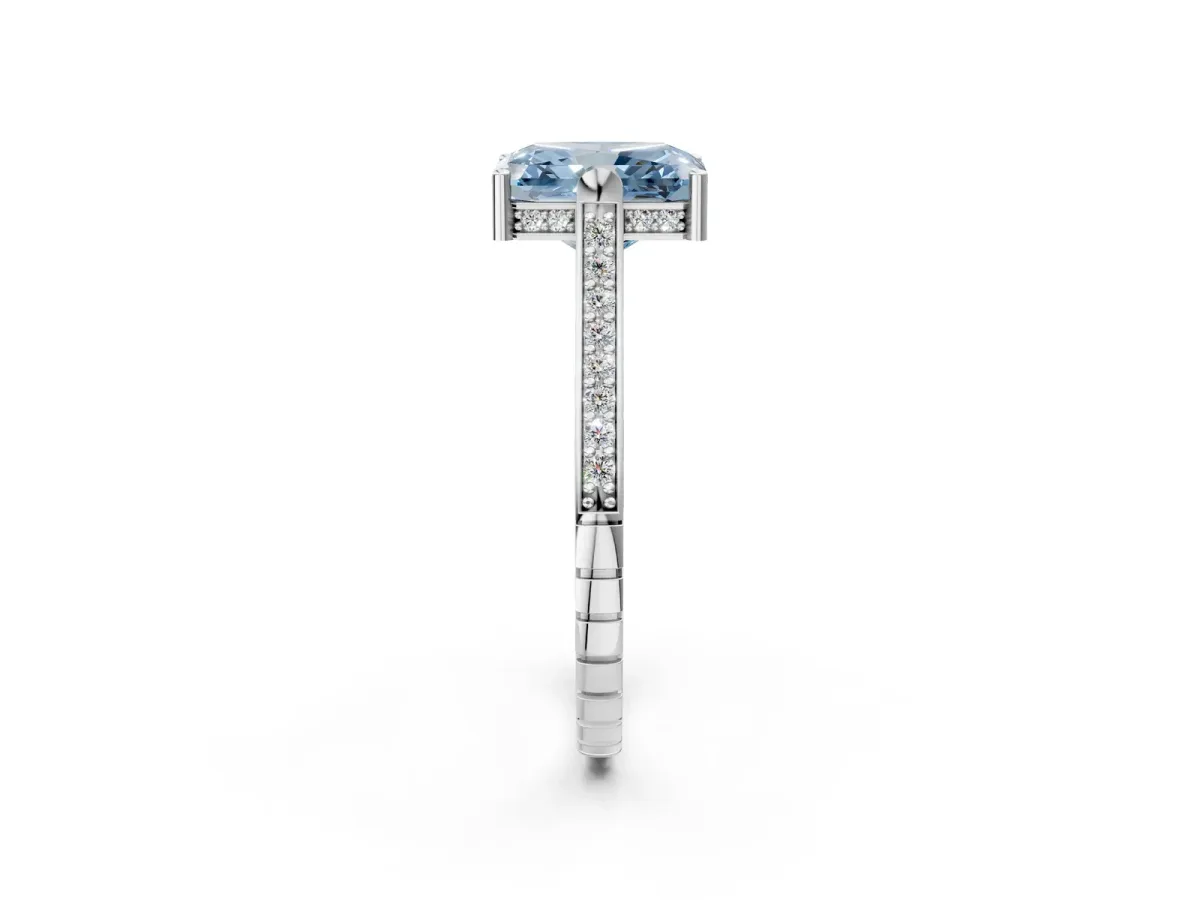 Fancy Blue Radiant Cut Solitaire Diamond Ring with Channel Set Band and Bezel Prong Setting Platinum