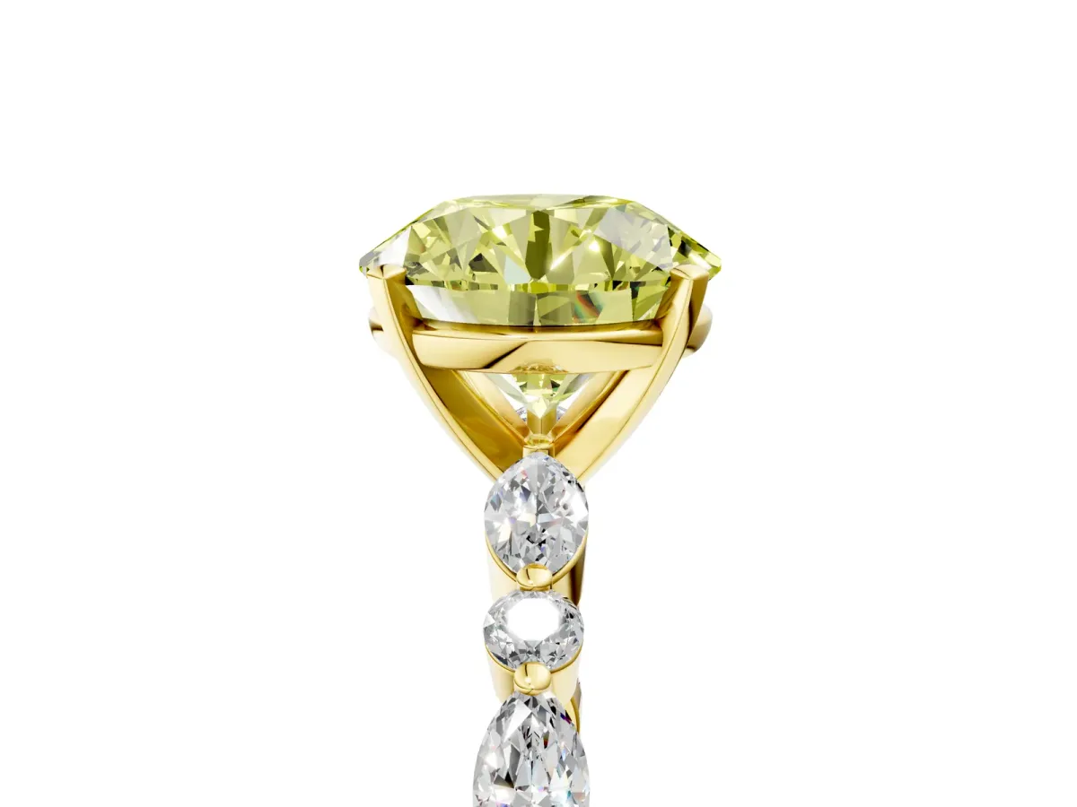Fancy Yellow Round Cut Diamond Ring with Marquise and Round Side Stones and Four-Prong Setting Yellow gold