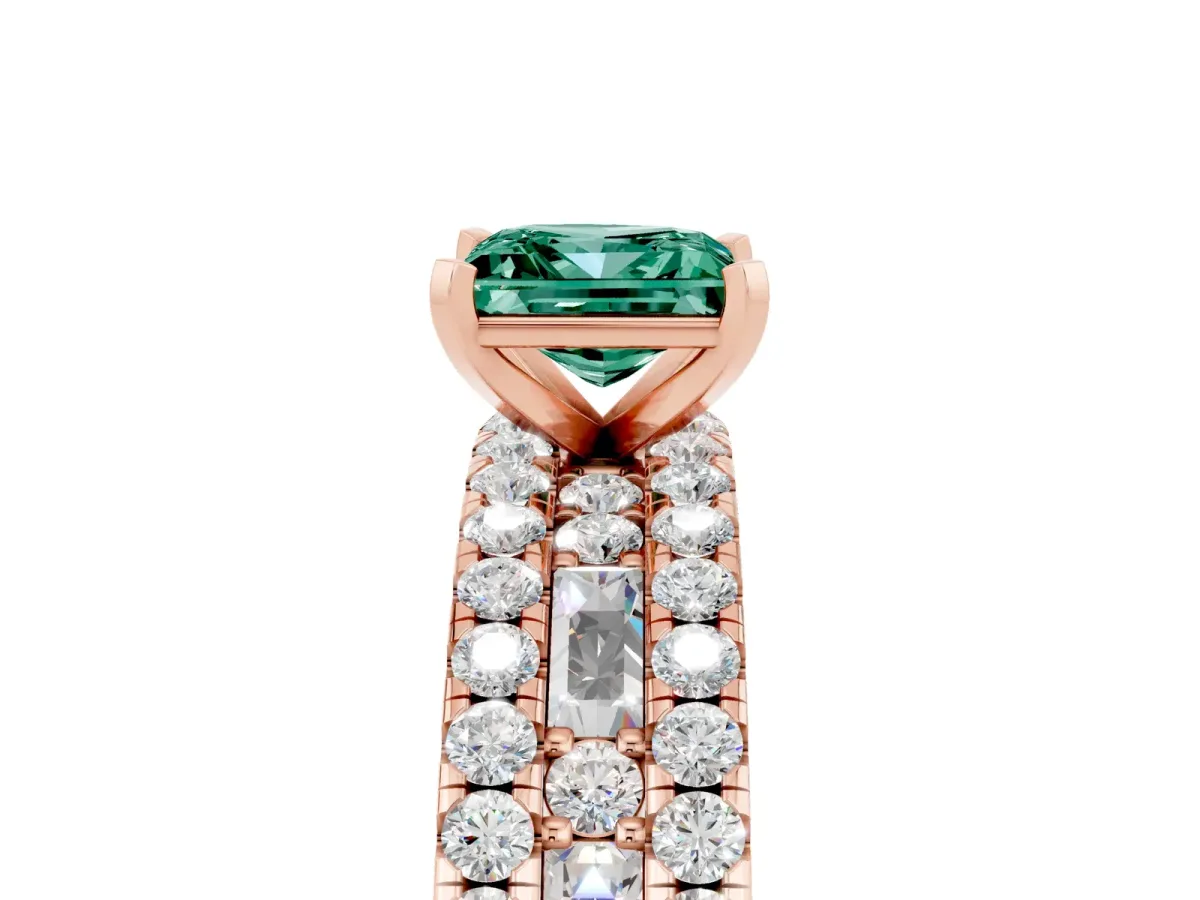 Princess Cut Green Sapphire Solitaire Ring with Pavé and Channel Set Band Rose gold