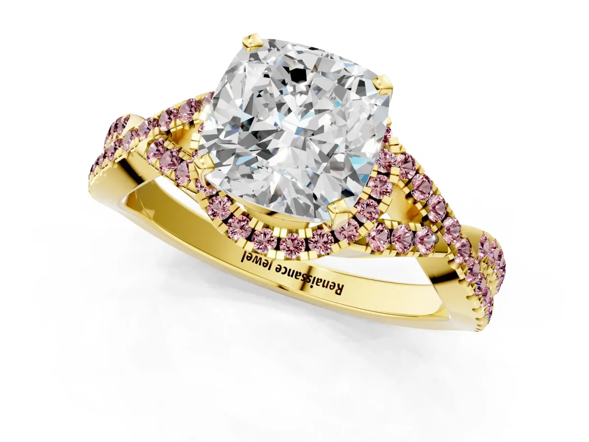 Cushion Cut Diamond Morganite Halo Twist Band Solitaire Prong Setting Ring Yellow gold