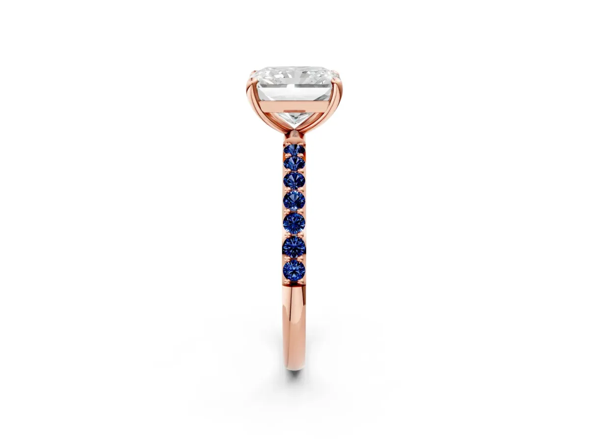 Radiant Cut Diamond Solitaire Ring with Round Blue Sapphire Pavé Band and Prong Setting Rose gold