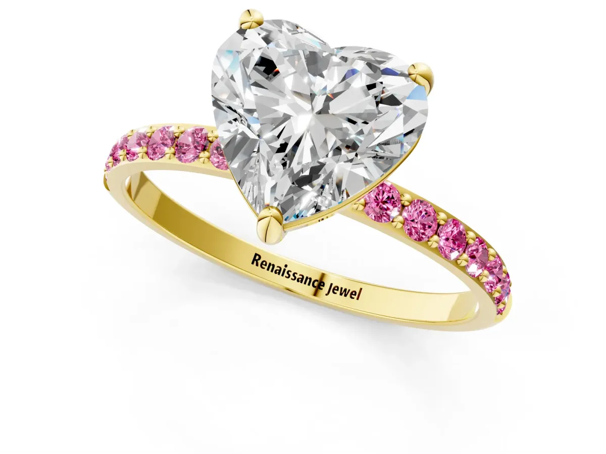 Heart Cut Diamond Solitaire Ring with Round Pink Sapphire Pavé Band and Prong Setting Yellow gold