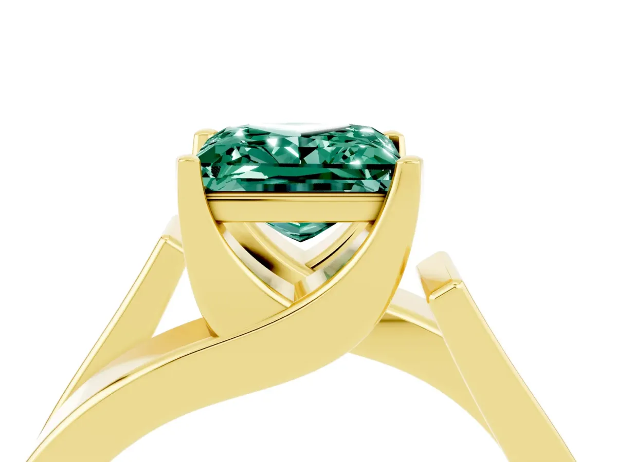 Modern Tension Set Princess Cut Green Sapphire Solitaire Wide Band Ring Yellow gold