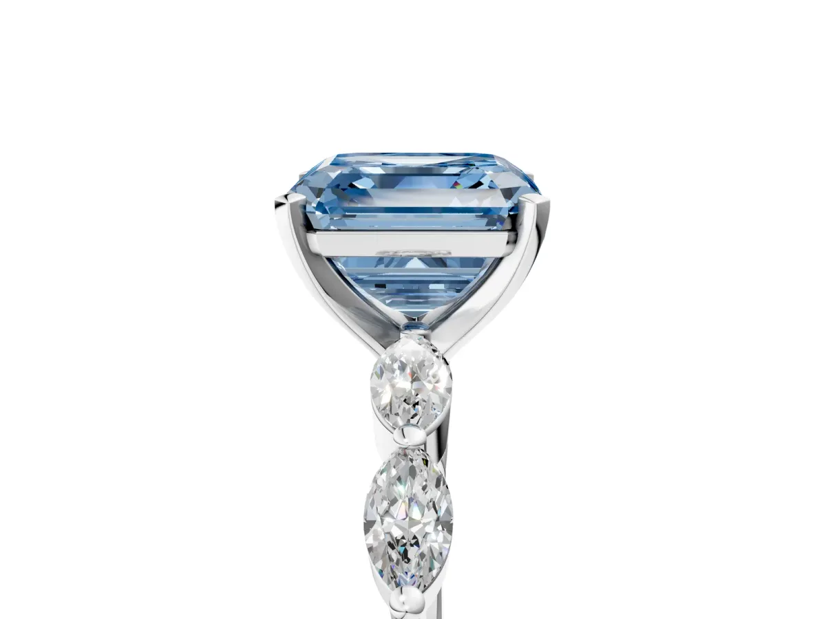 Fancy Blue Asscher Cut Diamond Ring with Marquise Side Stones and Prong Setting Platinum