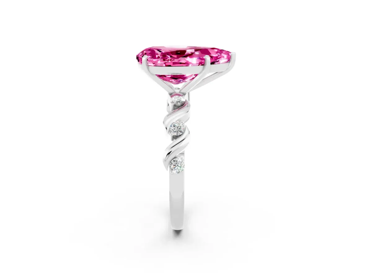Pear Cut Pink Sapphire Solitaire Twisted Band with Round Accents and Prong Setting White gold