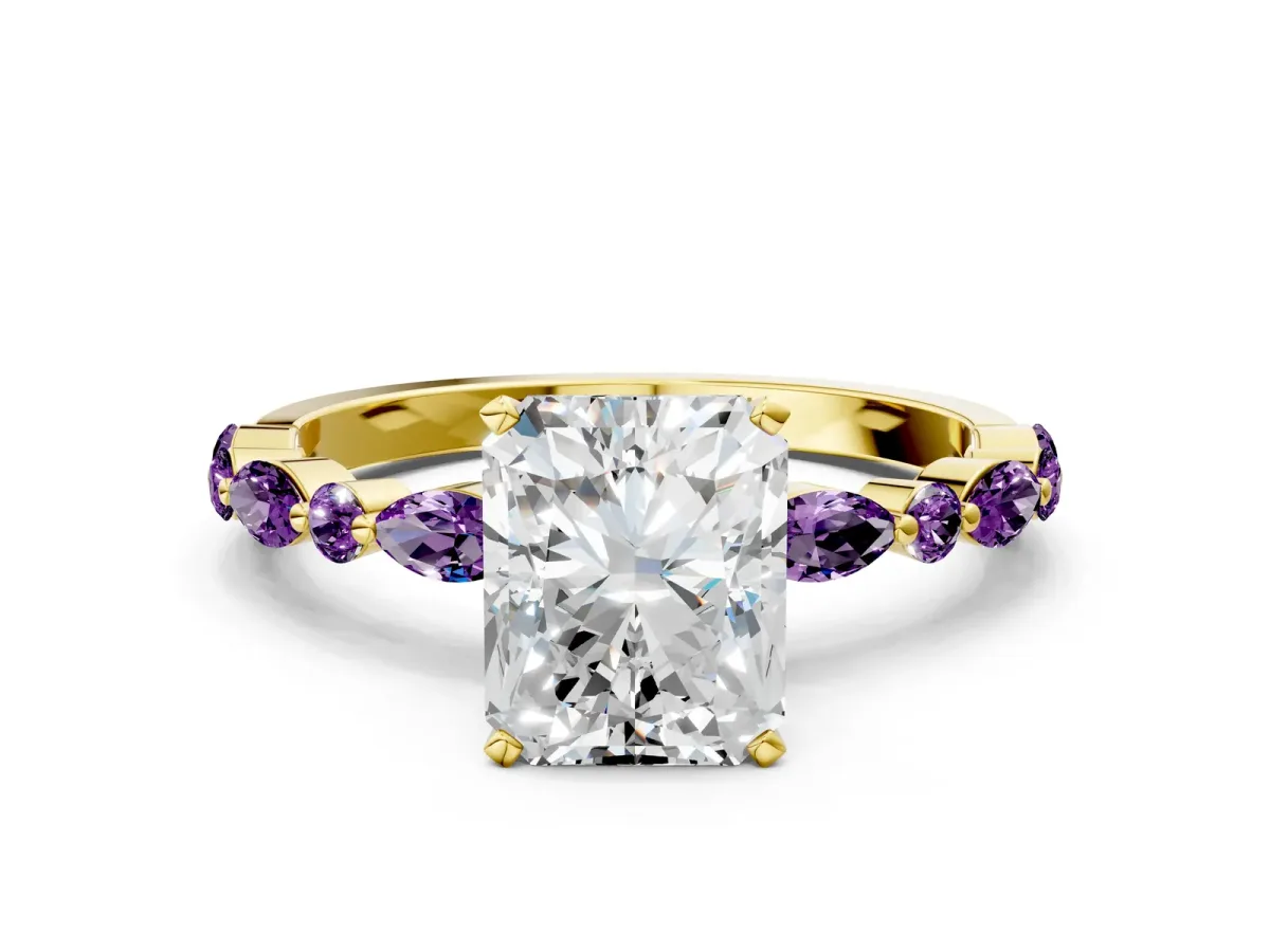 Radiant Cut Diamond Ring with Marquise and Round Amethyst Side Stones and Four-Prong Setting Yellow gold