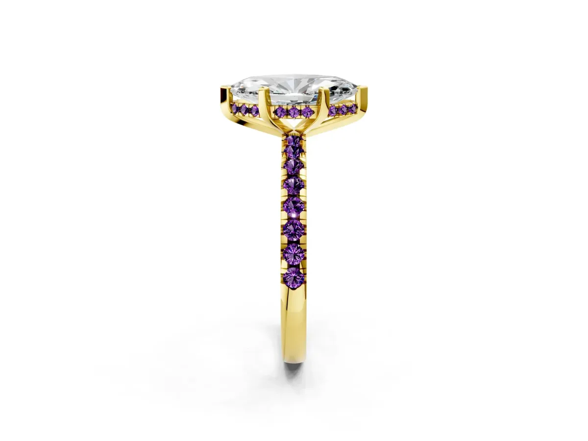 Marquise Cut Diamond Solitaire Ring with Round Amethyst Pavé Band and Four-Prong Setting Yellow gold