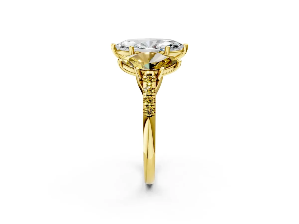 Three-Stone Marquise Cut Diamond Ring with Round Yellow Sapphire Pavé Band and Prong Setting Yellow gold