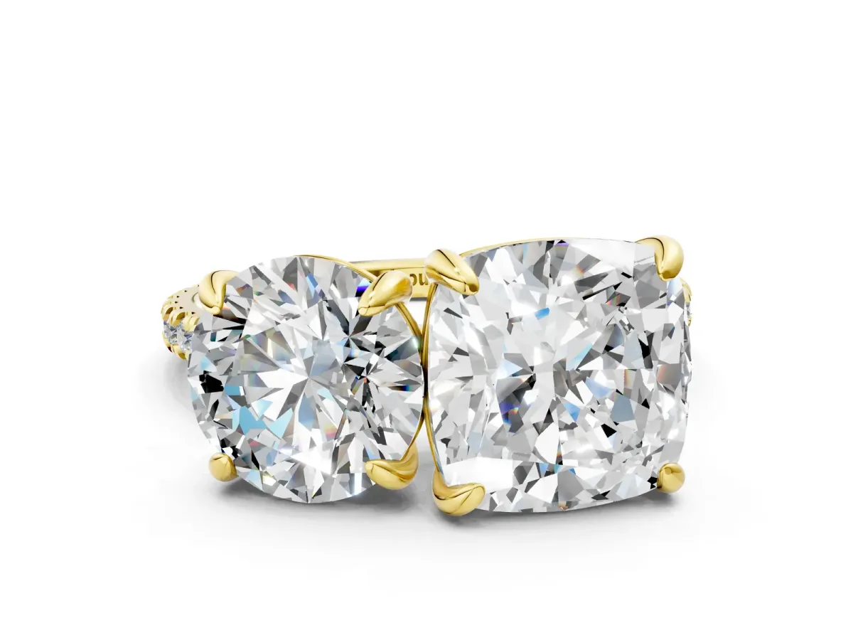 Round and Cushion Toi Moi Ring with Prong Setting and Pave Band Yellow gold