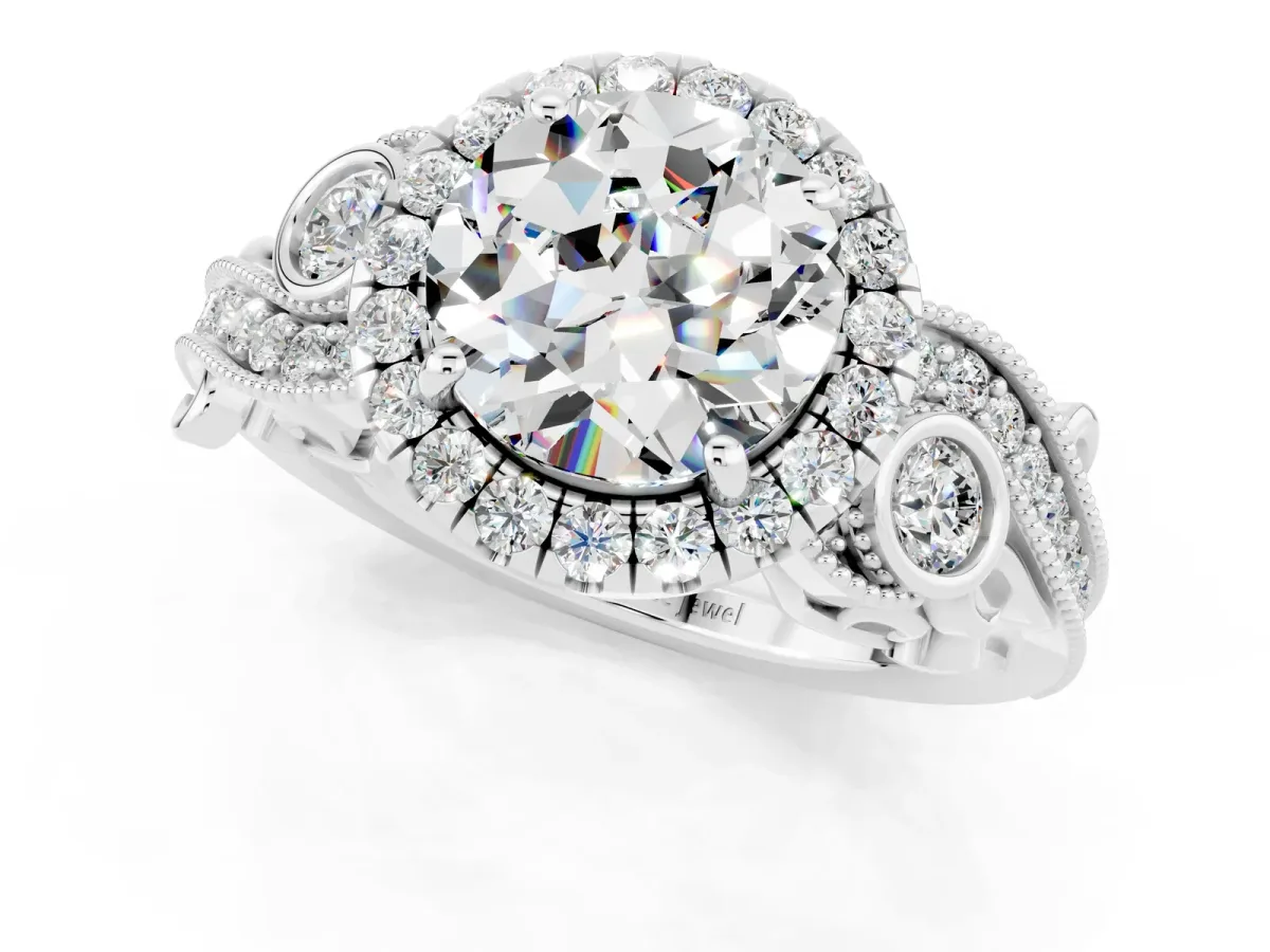 Round Cut Moissanite Halo Ring with Milgrain Pavé Band and Four-Prong Setting Platinum