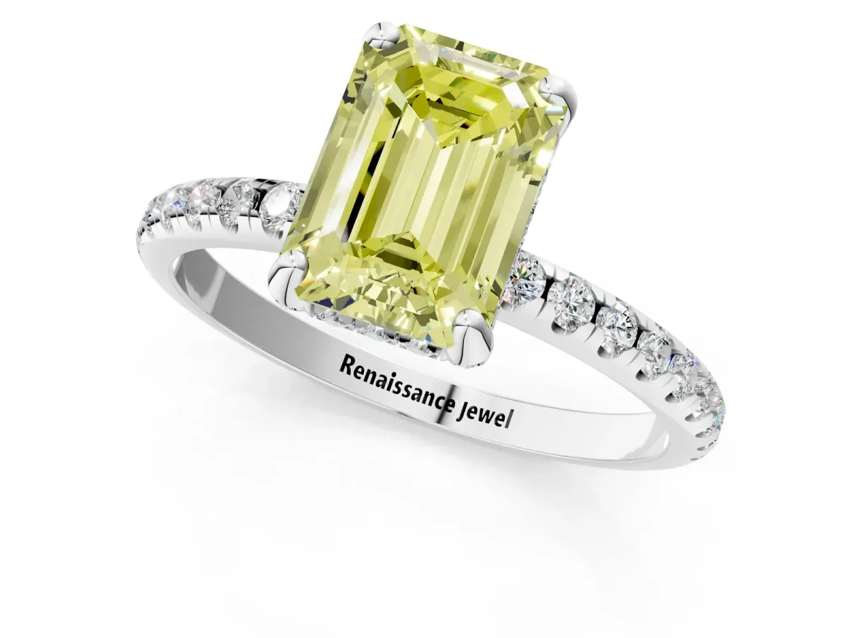 Fancy Yellow Emerald Cut Diamond Hidden Halo Engagement Ring with Round Pavé Band and Prong Setting Silver