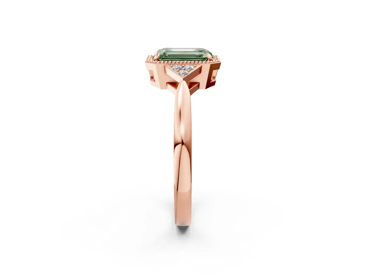 Fancy Green Emerald Cut Diamond Halo Ring with Tapered Band and Four-Prong Setting Rose gold
