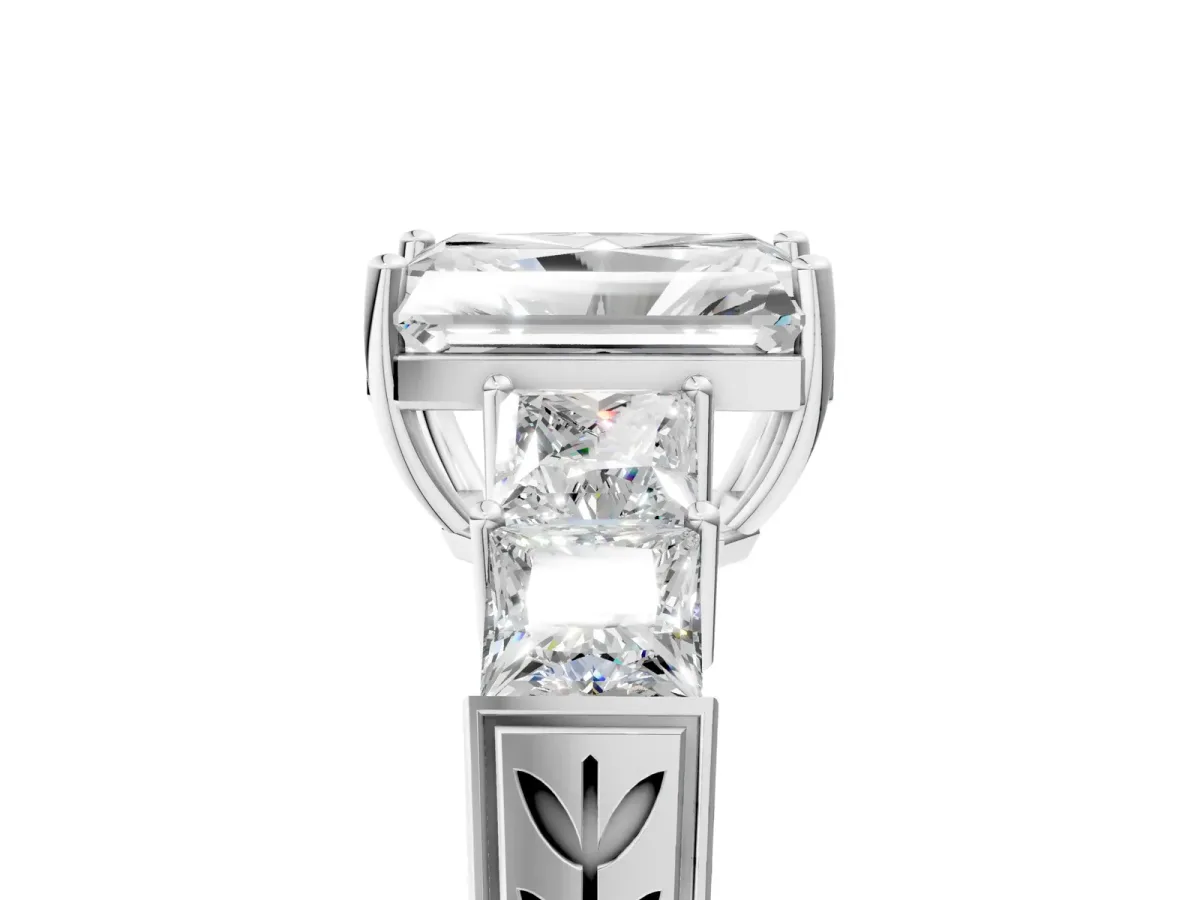 Radiant Cut Solitaire Princess Side Stone Engraved Band Prong Setting Ring Silver