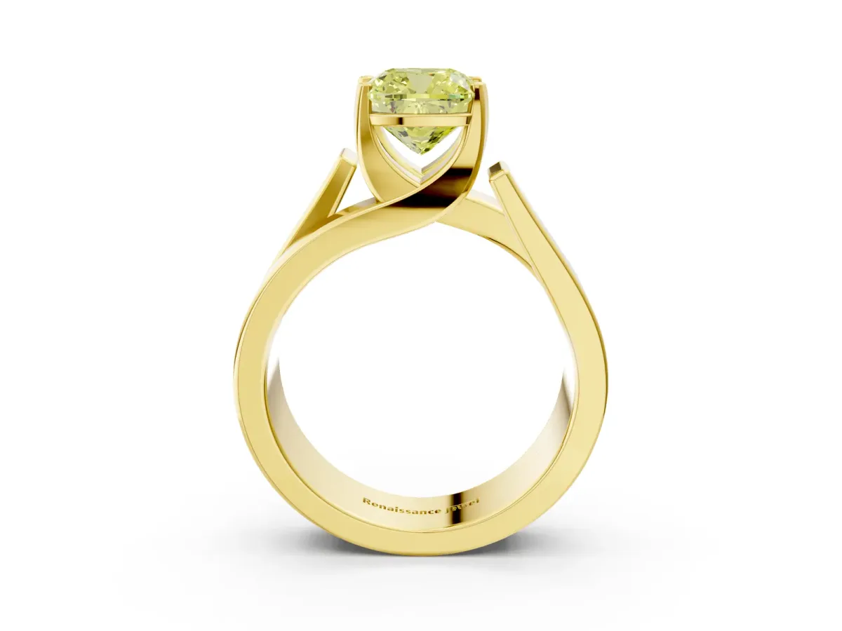 Fancy Yellow Modern Tension Set Cushion Cut Diamond Solitaire Wide Band Ring Yellow gold