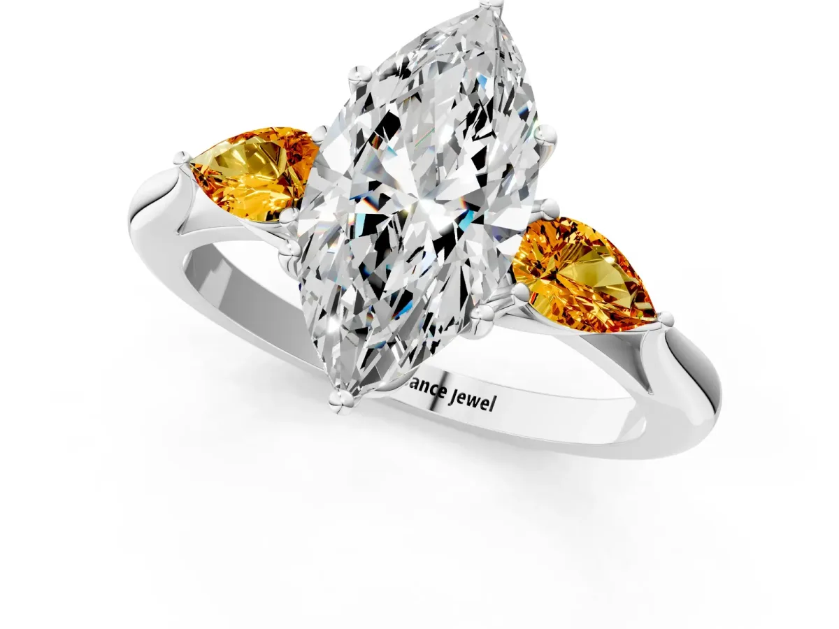 Marquise Cut Diamond Three-Stone Ring with Pear Citrine Side Stones and Prong Setting Silver