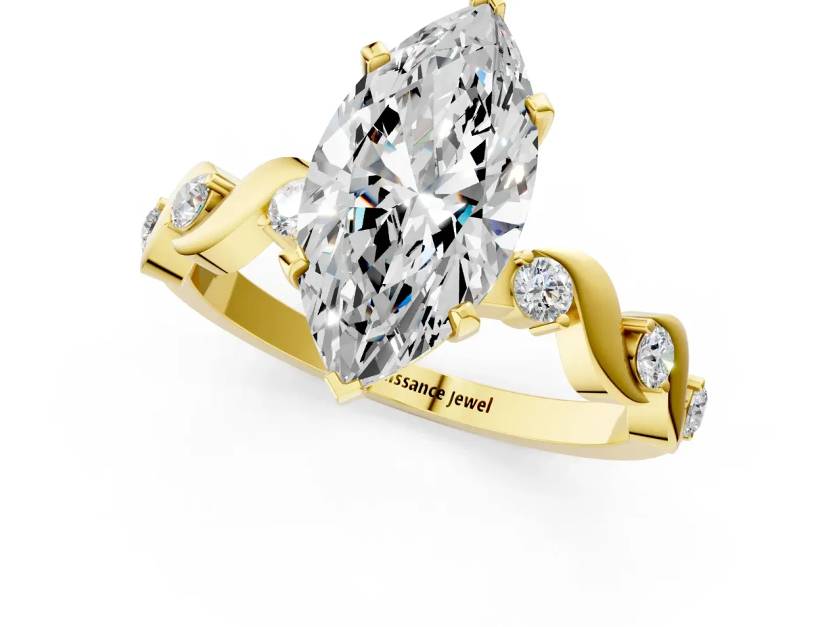 Marquise Cut Diamond Solitaire Twisted Band with Round Accents and Prong Setting Yellow gold