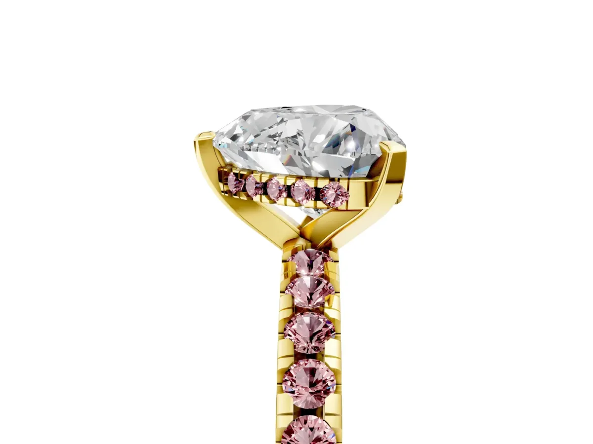 Heart Cut Diamond Solitaire Ring with Round Morganite Pavé Band and Four-Prong Setting Yellow gold