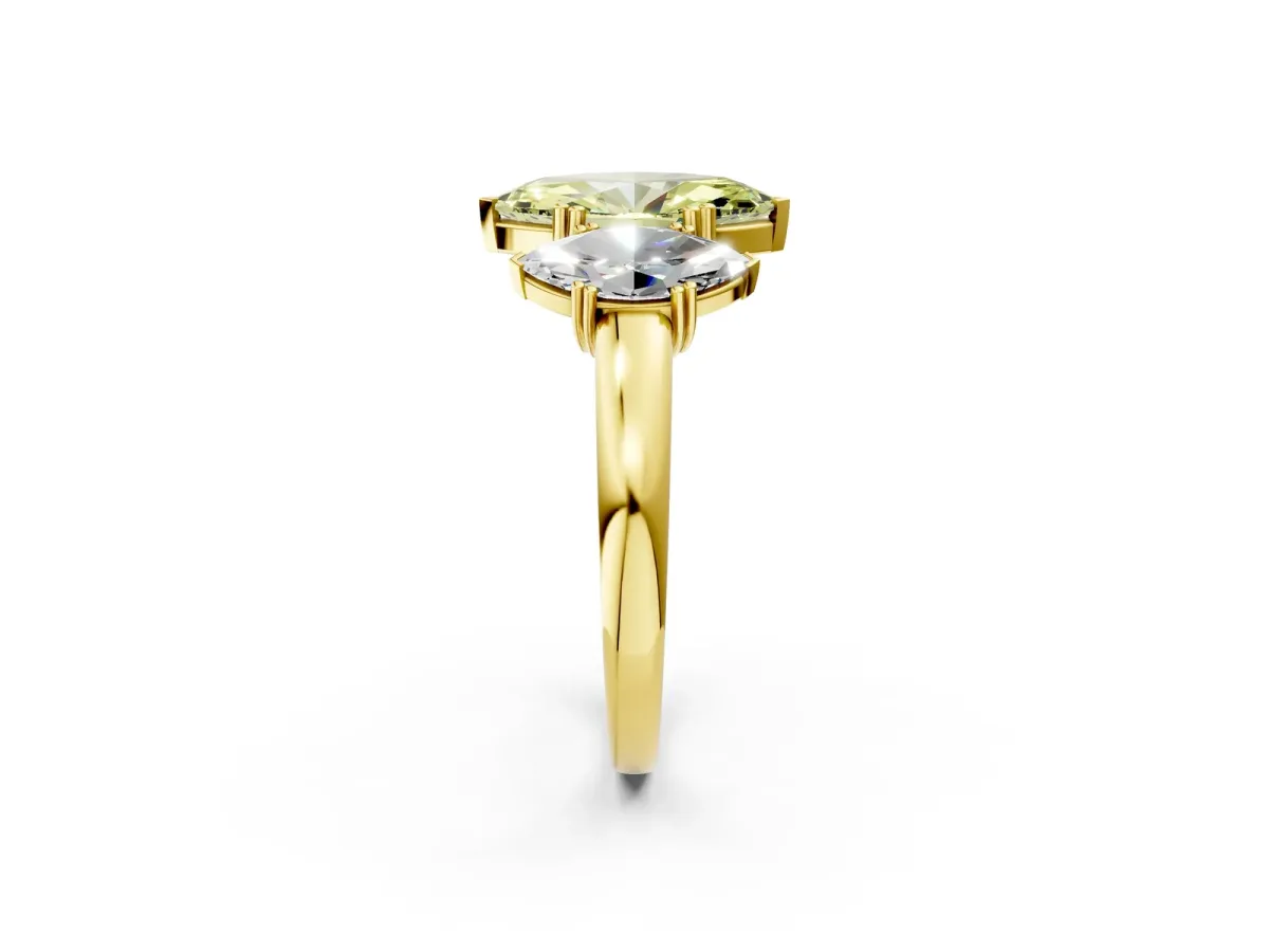 Fancy Yellow Three-Stone Marquise Cut Cut Diamond Ring with Channel Set Band and Four-Prong Setting Yellow gold