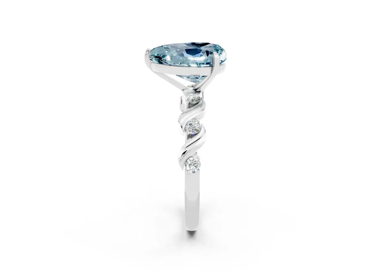 Heart Cut Aquamarine Solitaire Twisted Band with Round Accents and Prong Setting Platinum