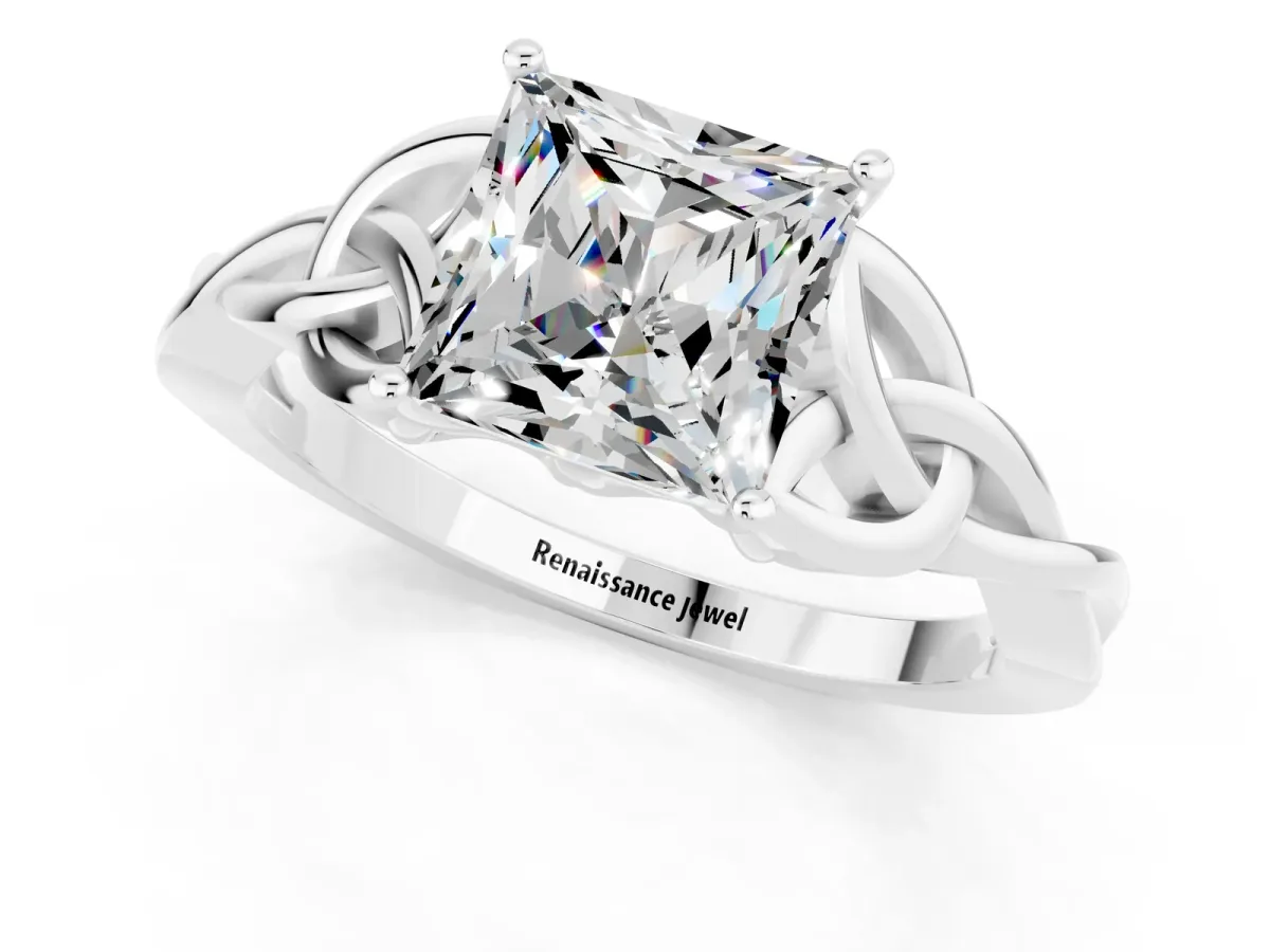 Princess Cut Moissanite Solitaire Engagement Ring with Celtic Knot Band and Four-Prong Setting White gold