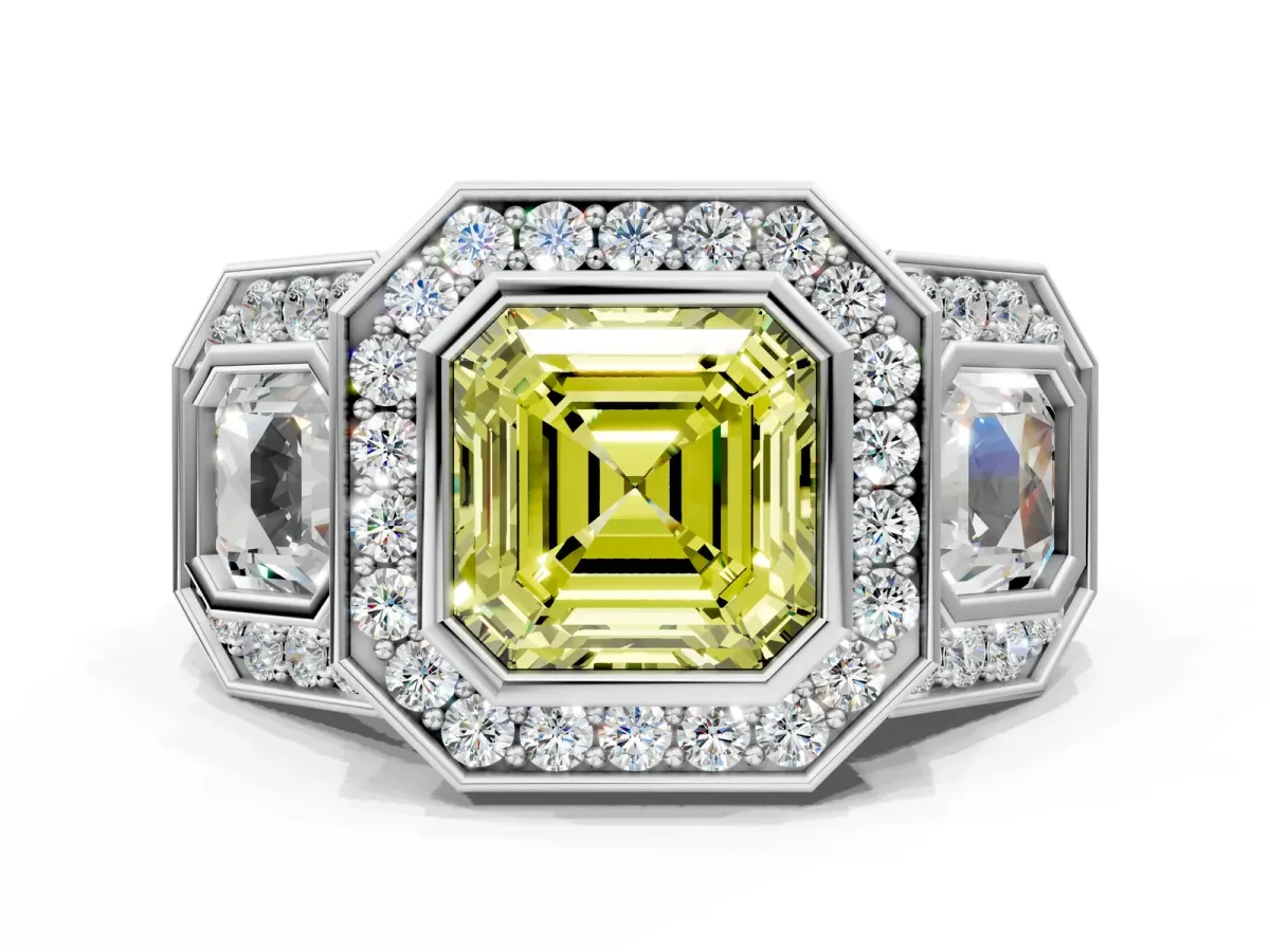 Fancy Yellow Three-Stone Asscher Cut Halo Pavé Diamond Ring Platinum