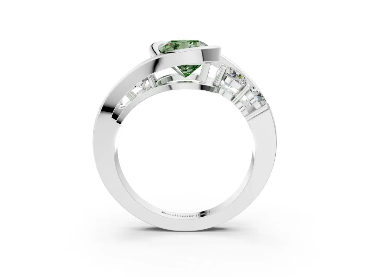 Fancy Green Bezel Set Cushion Cut Diamond Bypass Ring with Round Accents Silver
