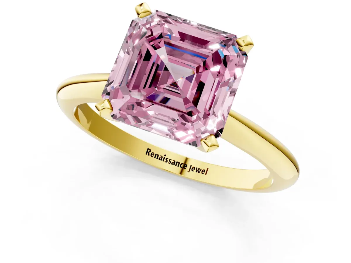 Fancy Pink Asscher Cut Diamond Solitaire Engagement Ring with Classic Band and Four-Prong Setting Yellow gold