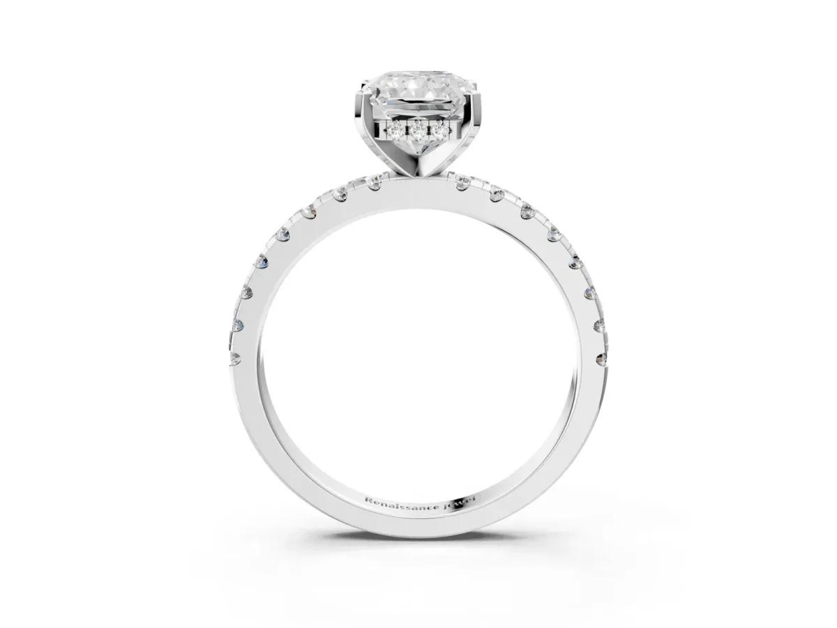 Radiant Cut Diamond Solitaire Ring with Round Moissanite Pavé Band and Four-Prong Setting White gold