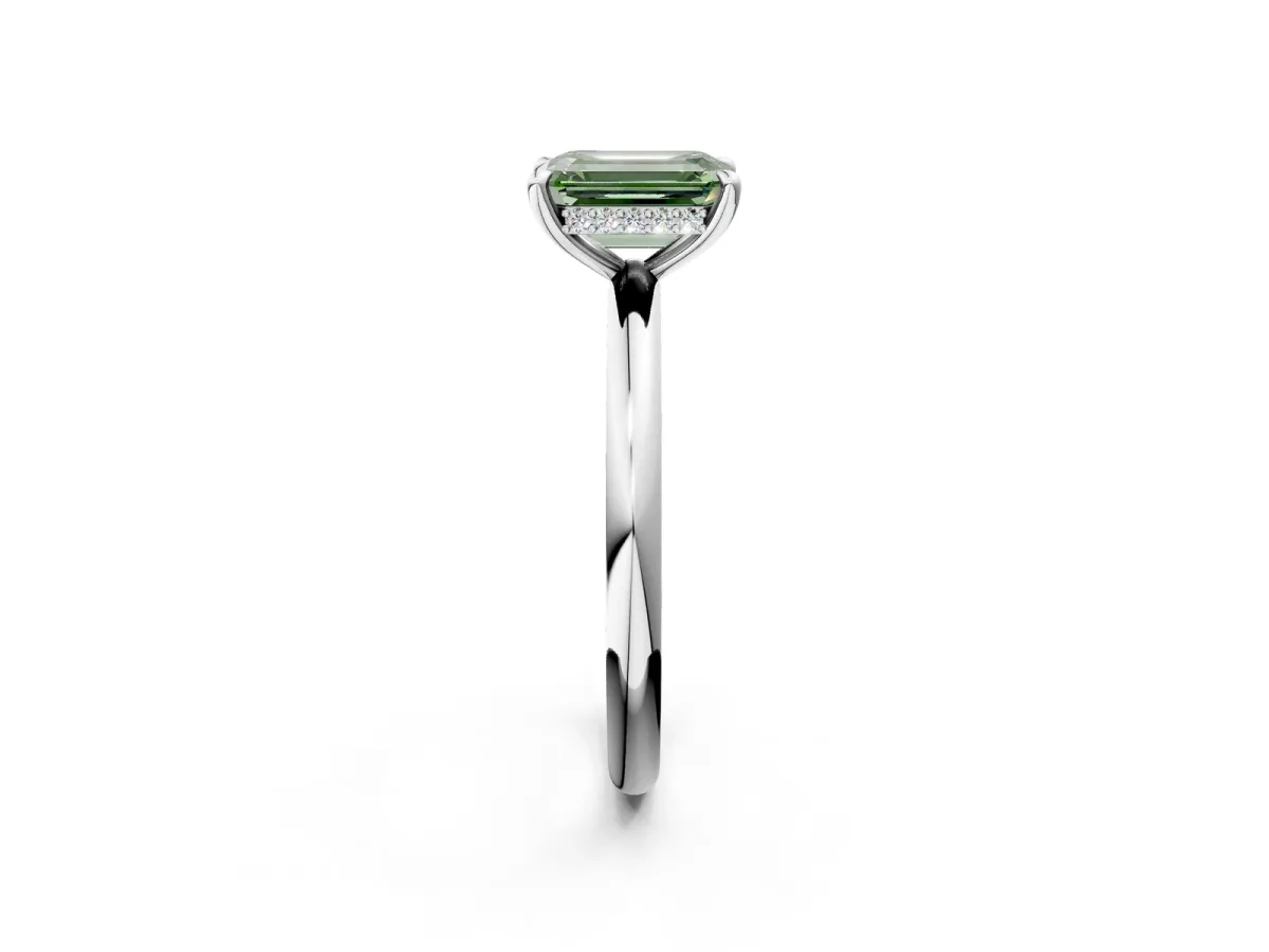 Fancy Green Emerald Cut Diamond Solitaire Ring with Thin Band and Four-Prong Setting Platinum