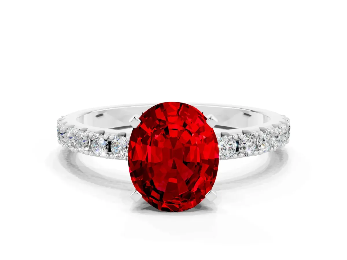 Oval Cut Ruby Solitaire Pavé Band with Four-Prong Setting Silver