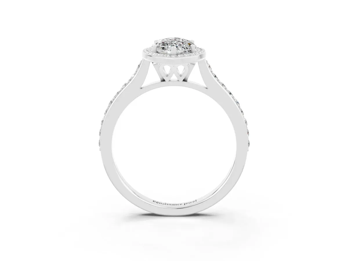 Marquise Cut Moissanite Halo Engagement Ring with Round Pavé Shoulders and Prong Setting Silver