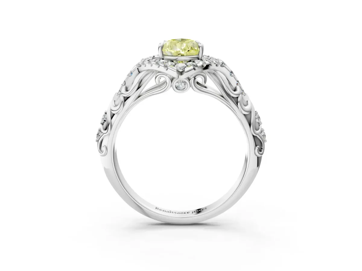 Fancy Yellow Pear Cut Diamond Solitaire Ring with Hidden Halo and Pavé Band White gold