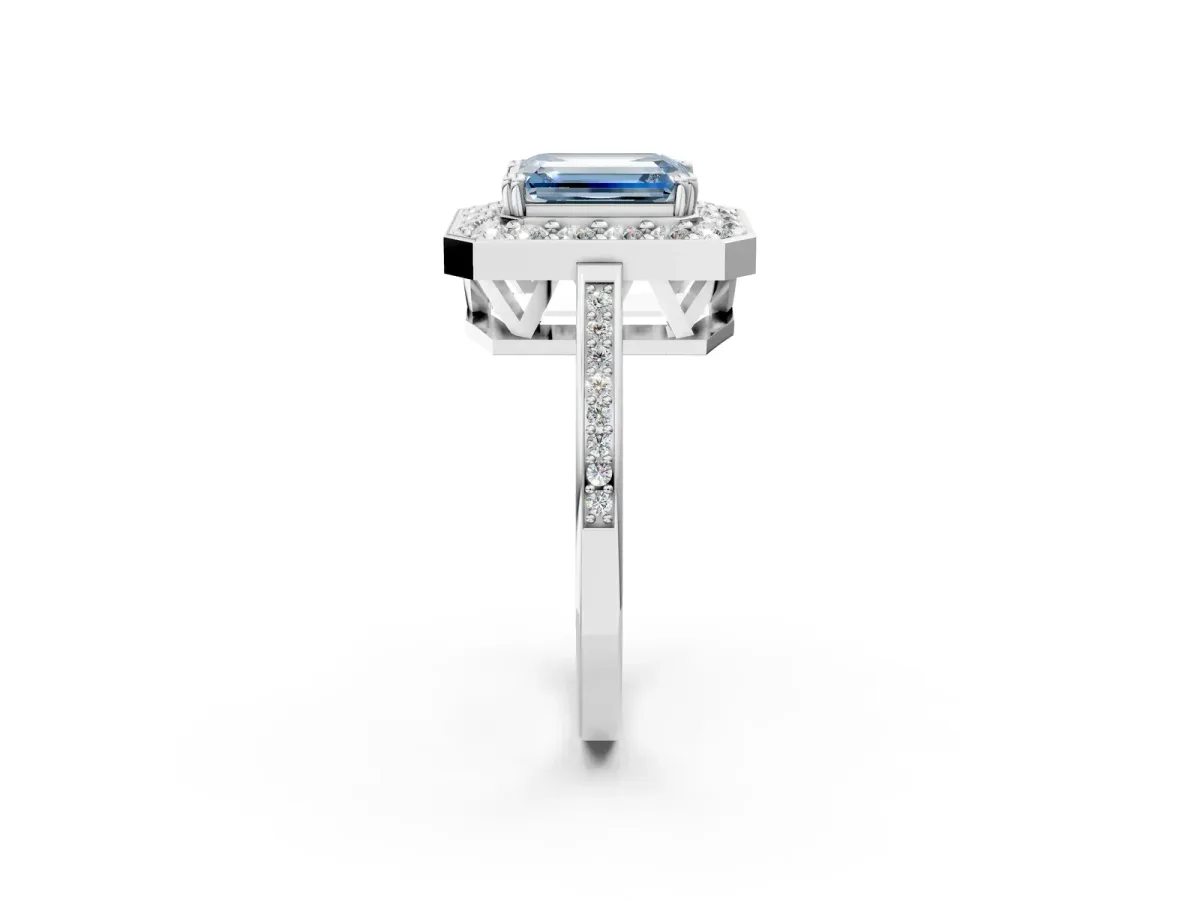 Fancy Blue Emerald Cut Diamond Halo Ring with Split Shank and Four-Prong Setting White gold