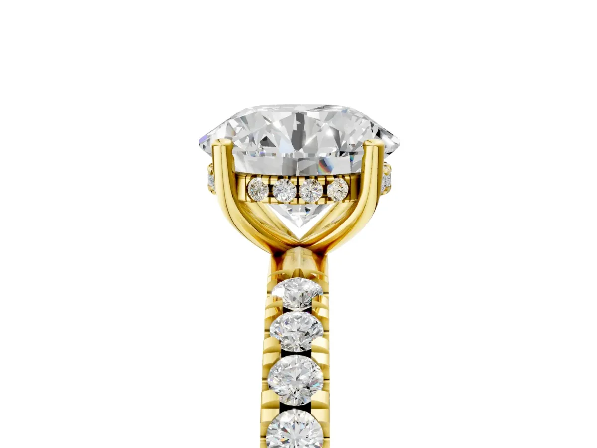 Round Cut Diamond Pave Band Solitaire Ring with Round Moissanite and Prong Setting Yellow gold
