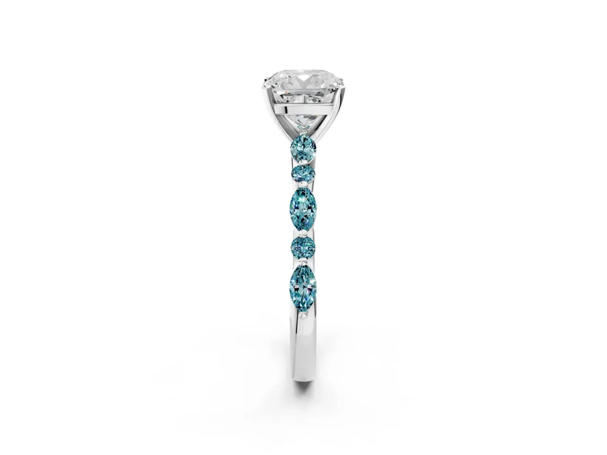 Cushion Cut Diamond Ring with Marquise and Round Blue Topaz Side Stones and Four-Prong Setting White gold