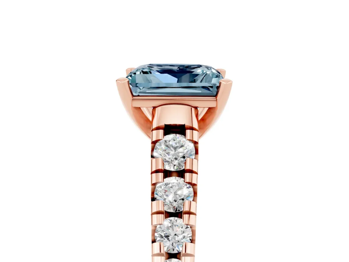 Princess Cut Aquamarine Cathedral Solitaire Ring with Round Pavé Band Rose gold