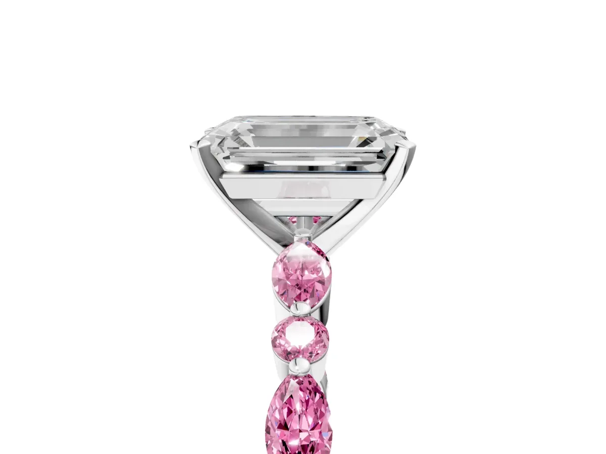 Emerald Cut Diamond Ring with Marquise and Round Pink Sapphire Side Stones and Four-Prong Setting White gold