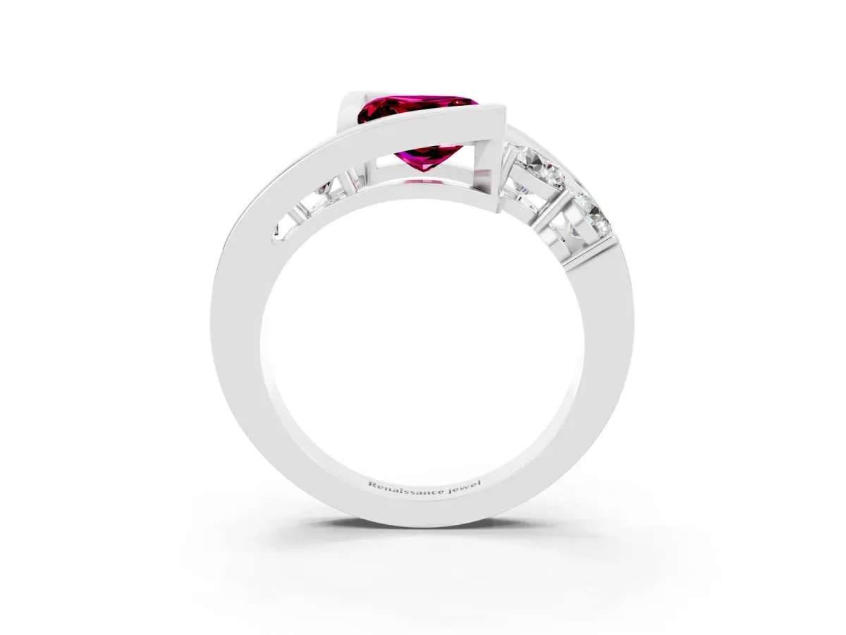 Bezel Set Princess Cut Garnet Bypass Ring with Round Accents Platinum