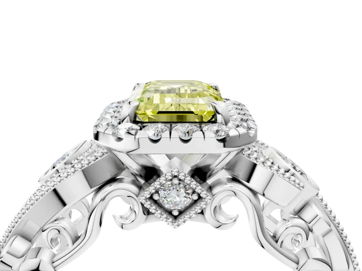 Fancy Yellow Emerald Cut Diamond Halo Ring with Milgrain Pavé Band and Four-Prong Setting White gold