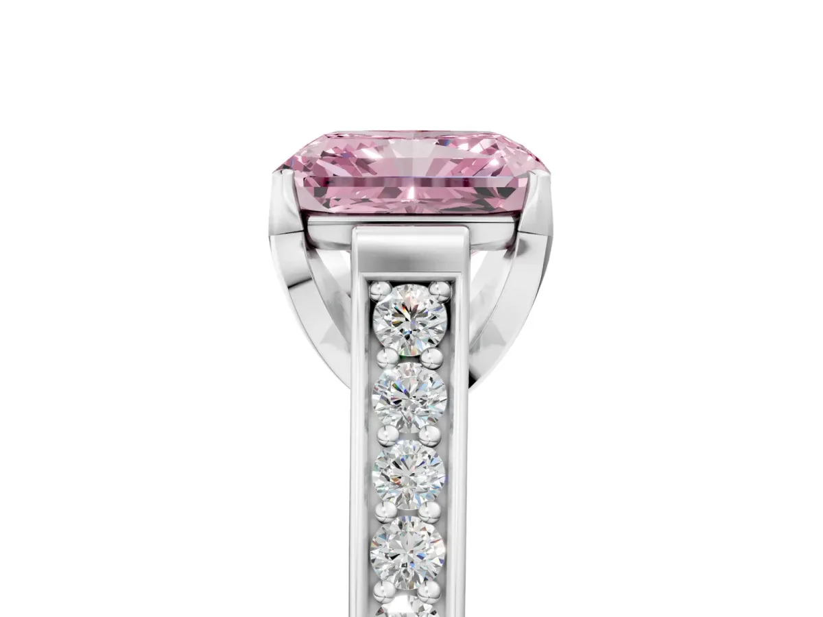 Fancy Pink Radiant Cut Brilliant Cut Diamond Engagement Ring with Pavé Band and Four-Prong Setting Platinum