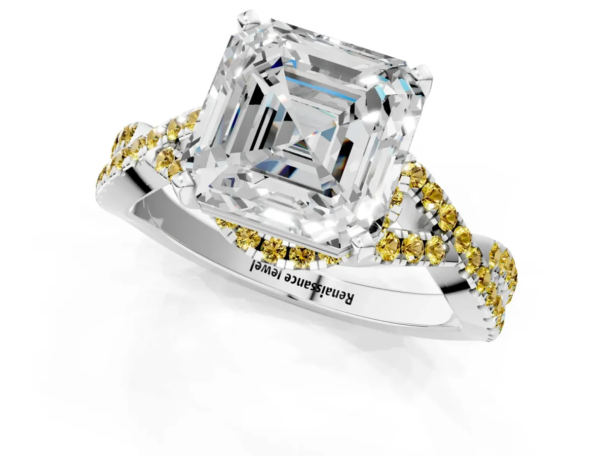 Asscher Cut Diamond Yellow Sapphire Halo Twist Band Solitaire Prong Setting Ring White gold